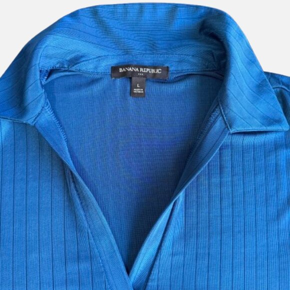 Banana Republic Factory Blue Silky Stretchy Ribbed Polo Collar V-Neck (Size L) - Picture 3 of 6